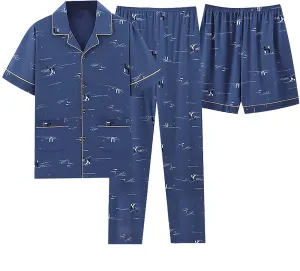 Mens 3pcs Cotton Pajamas Set Button Down Short Sleeve Sleepwear with Shorts and Long Pants Pjs Classic Loungewear