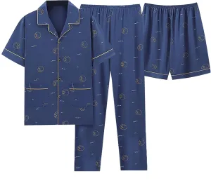 Mens 3pcs Cotton Pajamas Set Button Down Short Sleeve Sleepwear with Shorts and Long Pants Pjs Classic Loungewear