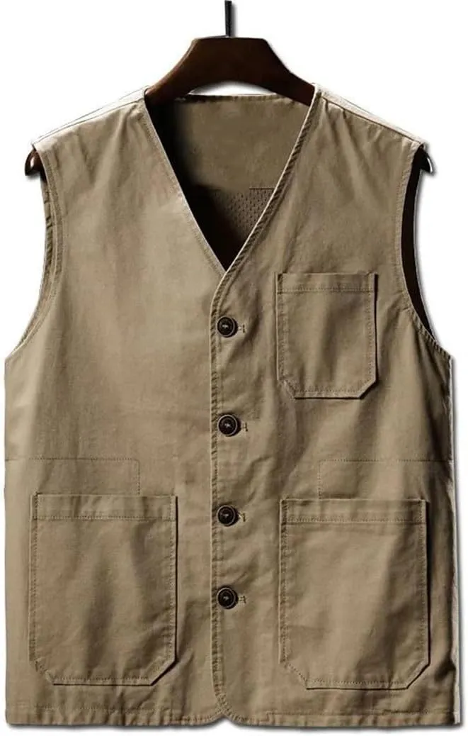 Men's Casual Cargo Vests Cotton Breathable Mesh Sleeveless Jackets Outwdoor Fishing Waistcoat
