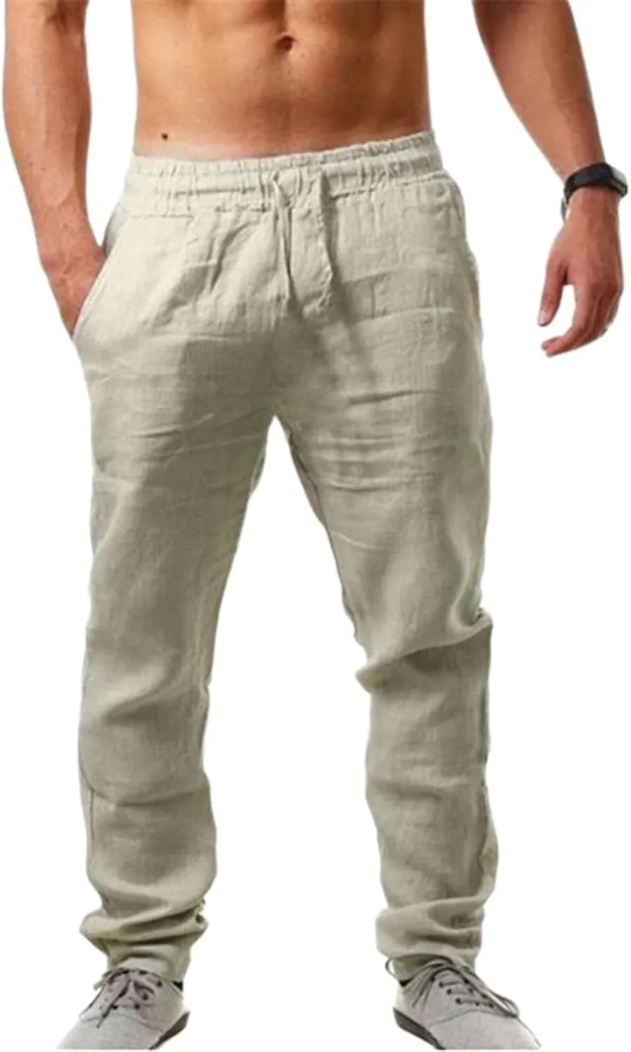 Mens Casual Linen Pants Elastic Drawstring Waist Lightweight Sweatpants Loose Fit Breathable Beach Trousers