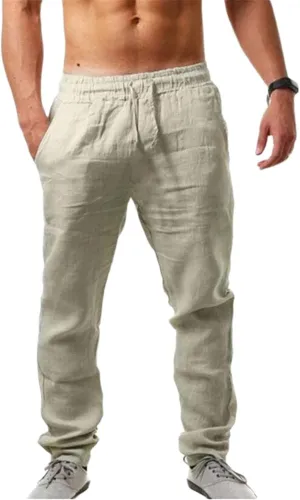 Mens Casual Linen Pants Elastic Drawstring Waist Lightweight Sweatpants Loose Fit Breathable Beach Trousers