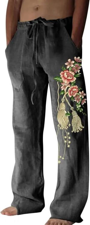 Mens Casual Linen Pants Loose Fit Flower Print Elastic Drawstring Waist Straight-Legs Summer Yoga Beach Long Pants