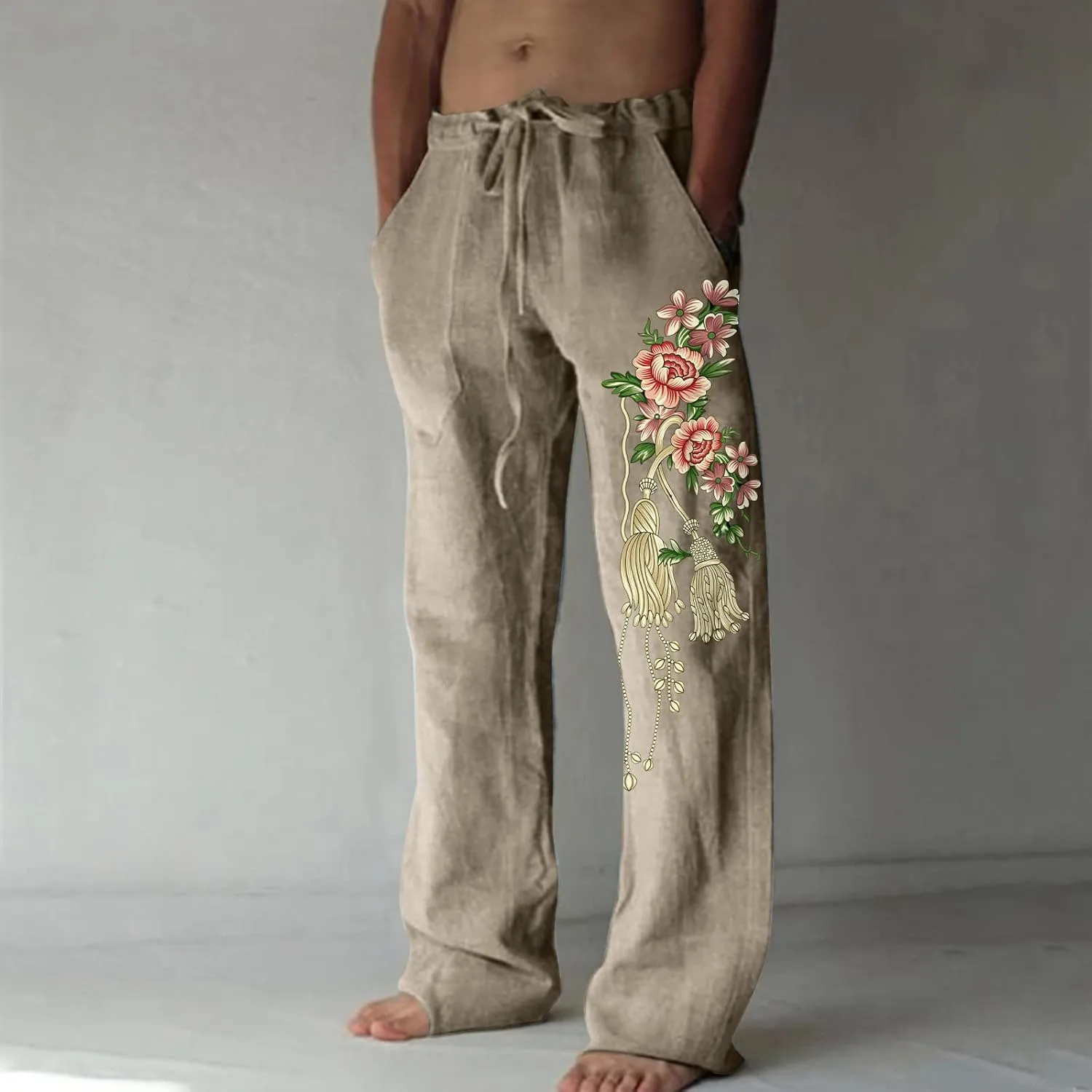 Mens Casual Linen Pants Loose Fit Flower Print Elastic Drawstring Waist Straight-Legs Summer Yoga Beach Long Pants