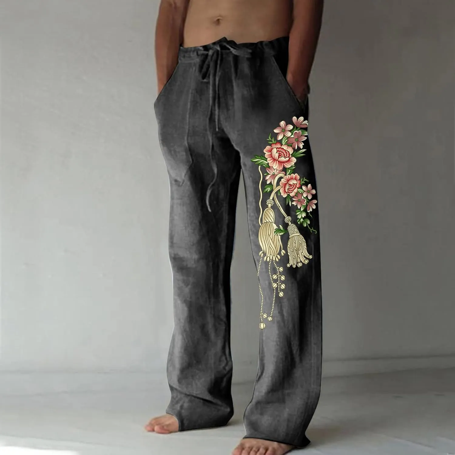 Mens Casual Linen Pants Loose Fit Flower Print Elastic Drawstring Waist Straight-Legs Summer Yoga Beach Long Pants
