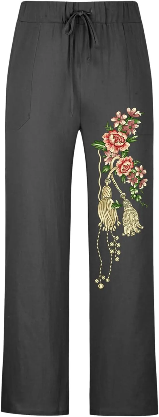 Mens Casual Linen Pants Loose Fit Flower Print Elastic Drawstring Waist Straight-Legs Summer Yoga Beach Long Pants