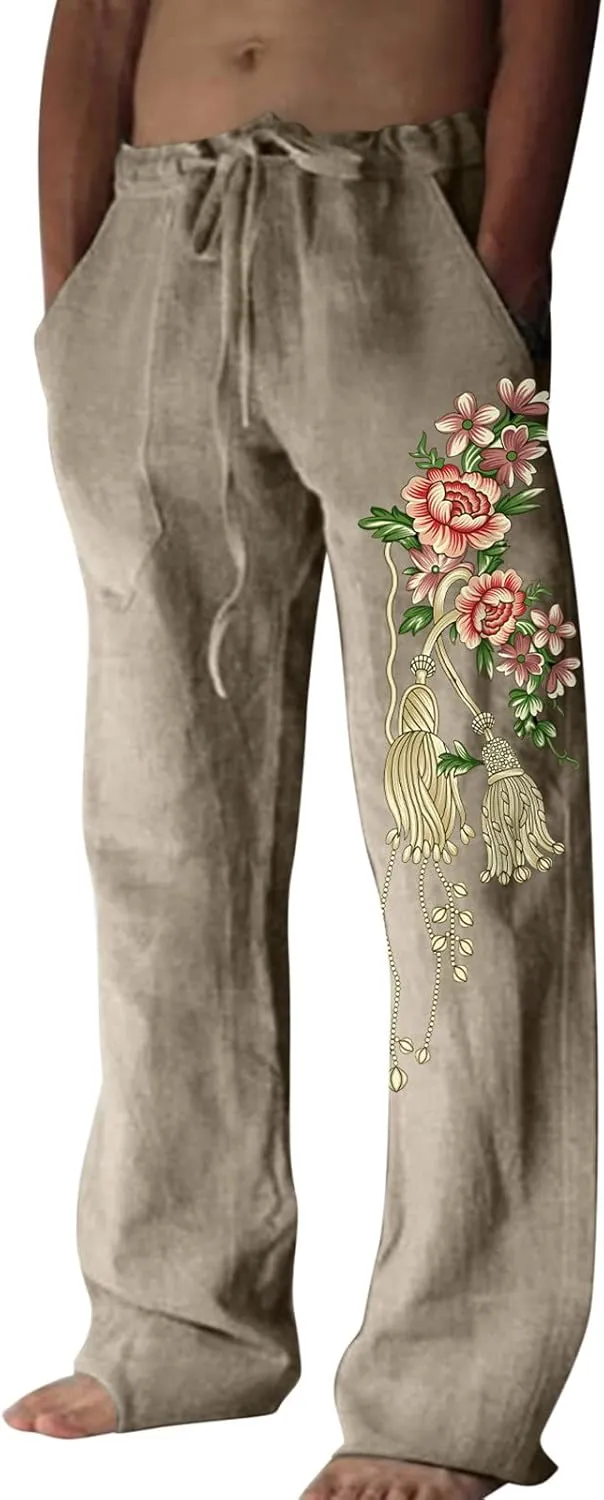 Mens Casual Linen Pants Loose Fit Flower Print Elastic Drawstring Waist Straight-Legs Summer Yoga Beach Long Pants