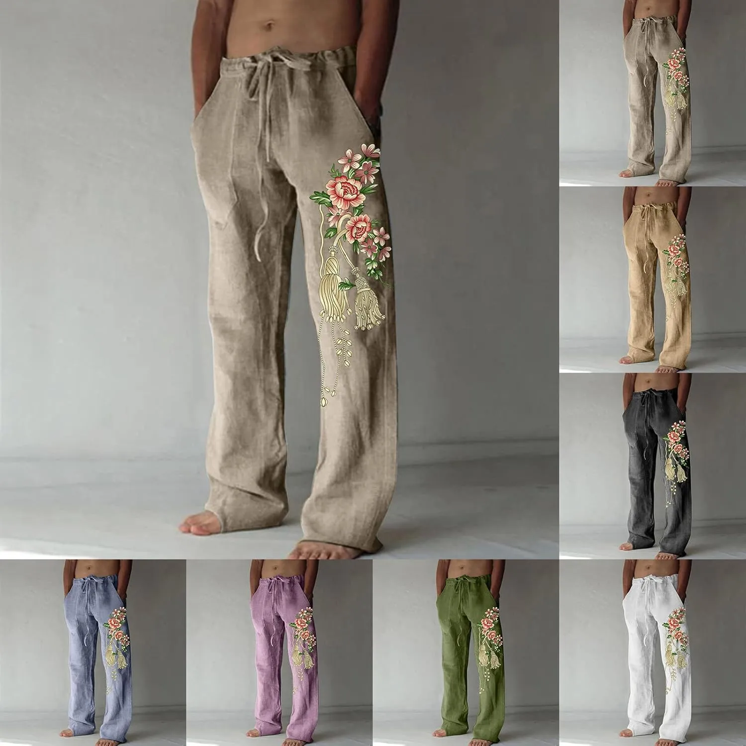 Mens Casual Linen Pants Loose Fit Flower Print Elastic Drawstring Waist Straight-Legs Summer Yoga Beach Long Pants