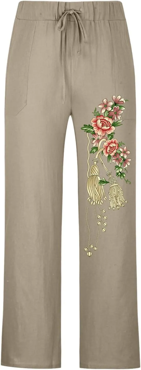 Mens Casual Linen Pants Loose Fit Flower Print Elastic Drawstring Waist Straight-Legs Summer Yoga Beach Long Pants