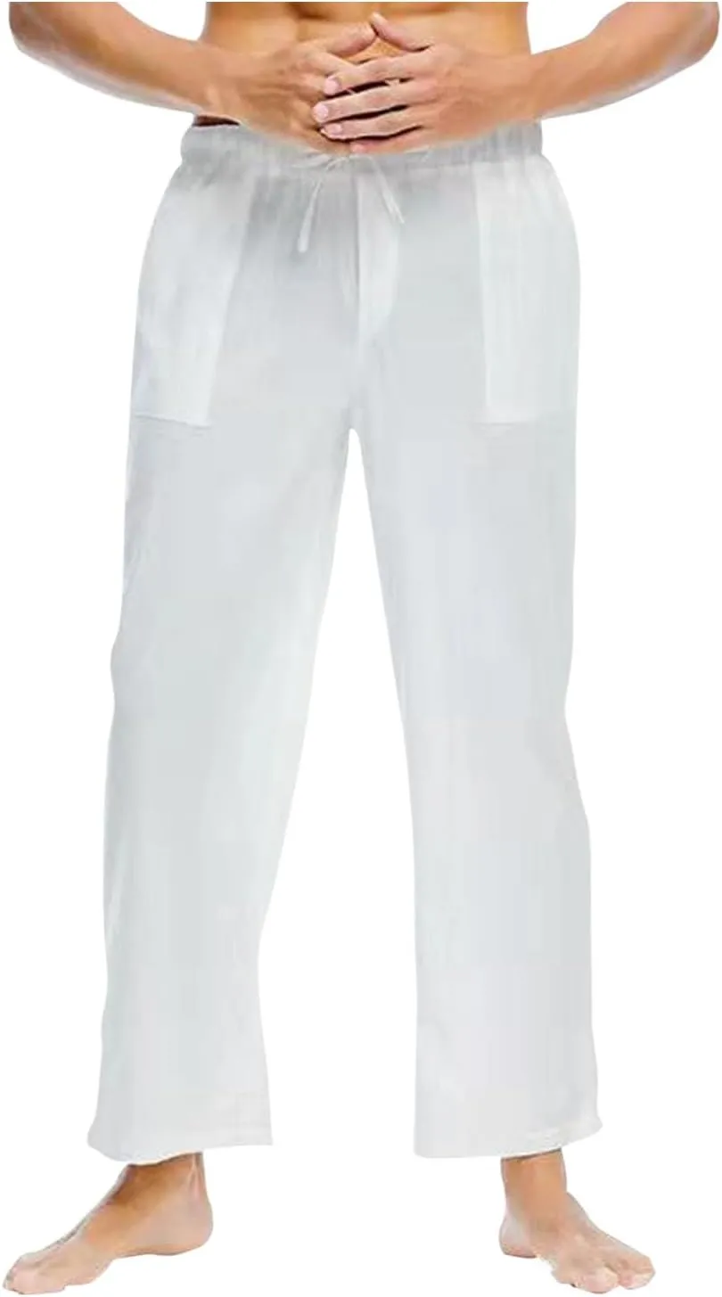 Men's Casual Pants Drawstring Elastic Waist Quick Dry Solid Summer Beach Pants Lightweight Loose Trousers with Pocket