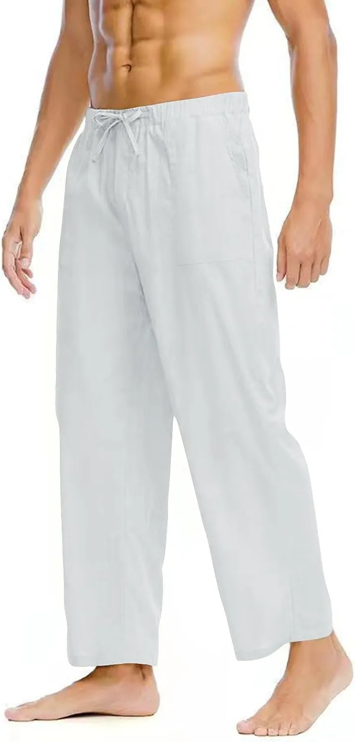 Men's Casual Pants Drawstring Elastic Waist Quick Dry Solid Summer Beach Pants Lightweight Loose Trousers with Pocket