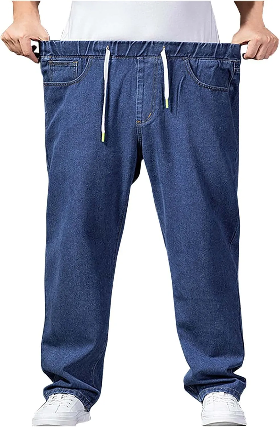 Mens Classic Regular Fit Jeans Big and Tall Men Work Denim Pants Stretch Loose Fit Drawstring Jeans Vintage Trousers