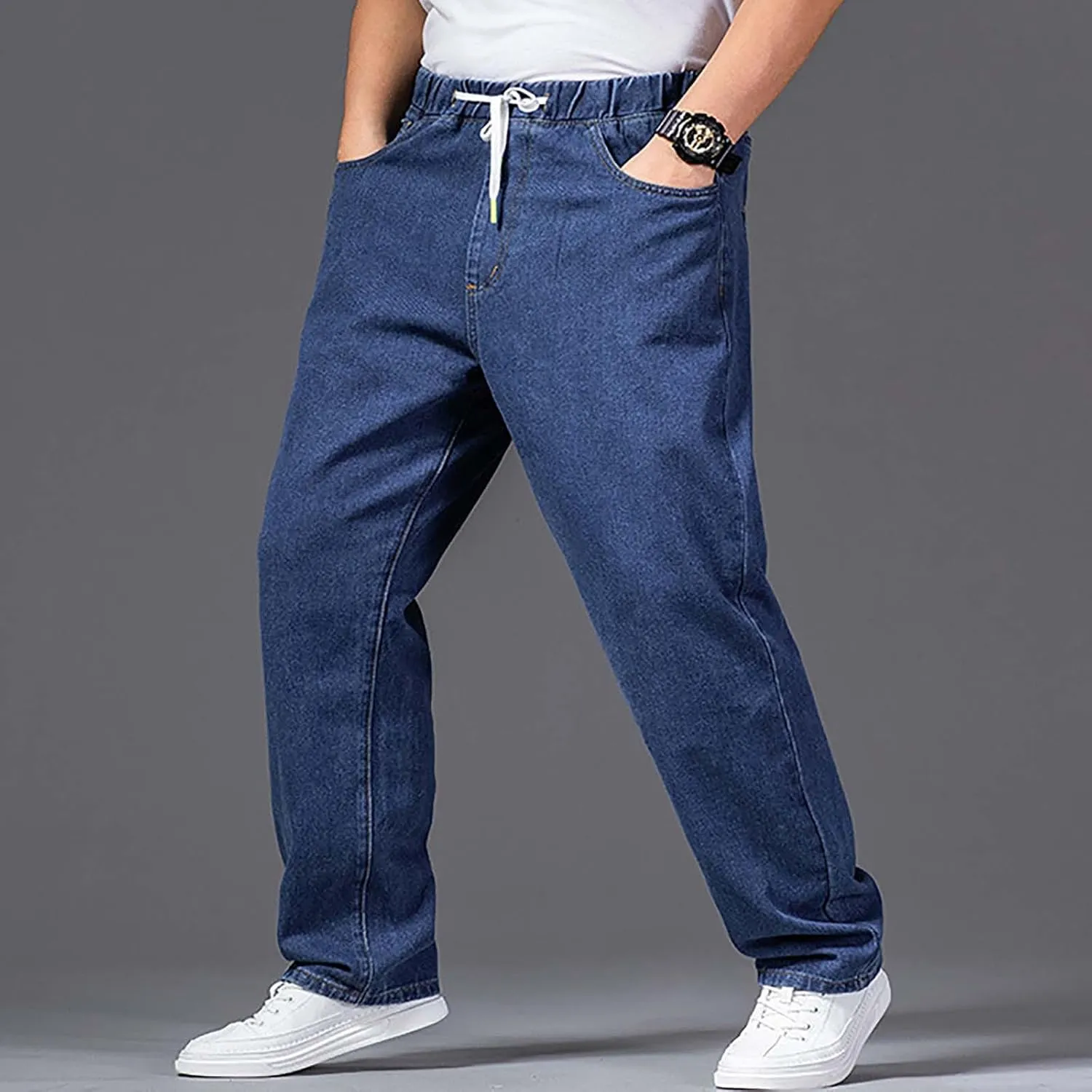 Mens Classic Regular Fit Jeans Big and Tall Men Work Denim Pants Stretch Loose Fit Drawstring Jeans Vintage Trousers