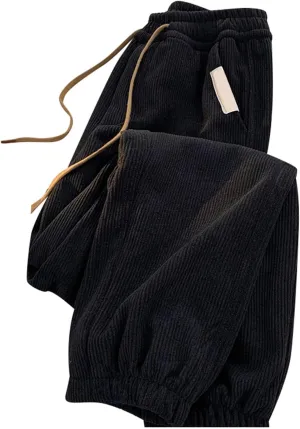 Mens Corduroy Pants Stretch Fit Elastic Waist Baggy Sweatpants Drawstring Lightweight Loose Joggers Comfy Casual Trousers