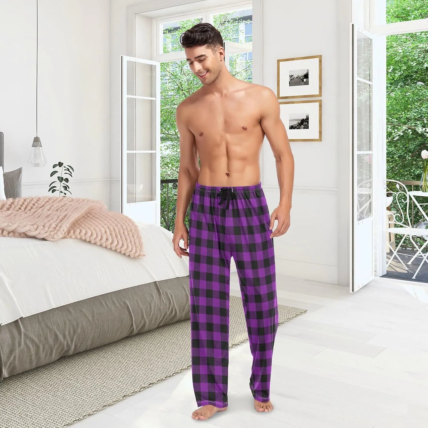 Mens Cream Plaid Pajama Pants Purple Buffalo Pj Pants for Men Pajama Bottoms S