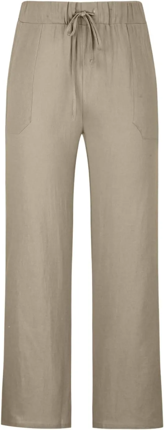 Mens Lightweight Pants Casual Stylish Cotton Linen Loose Trouser Summer Drawstring Elastic Waist Beach Sweatpants