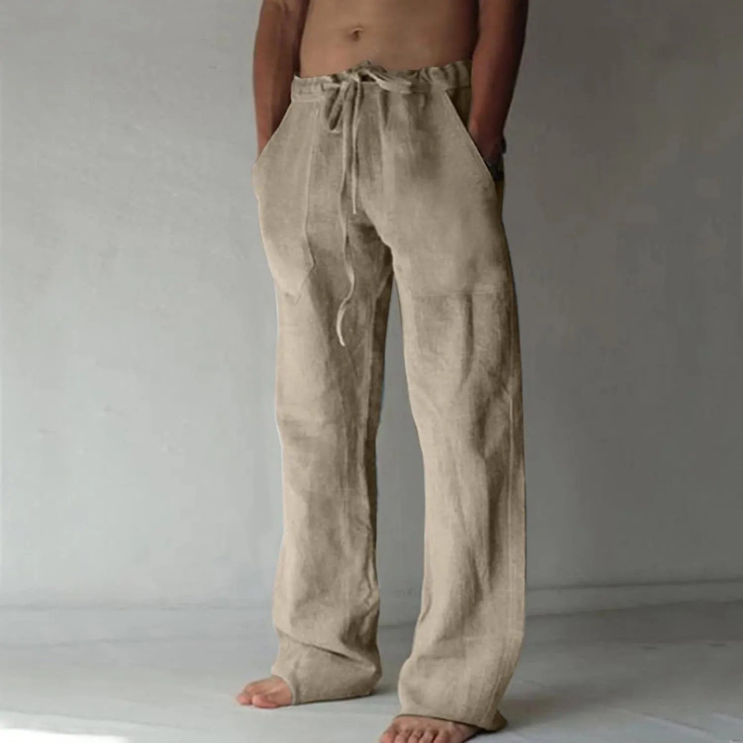 Mens Lightweight Pants Casual Stylish Cotton Linen Loose Trouser Summer Drawstring Elastic Waist Beach Sweatpants