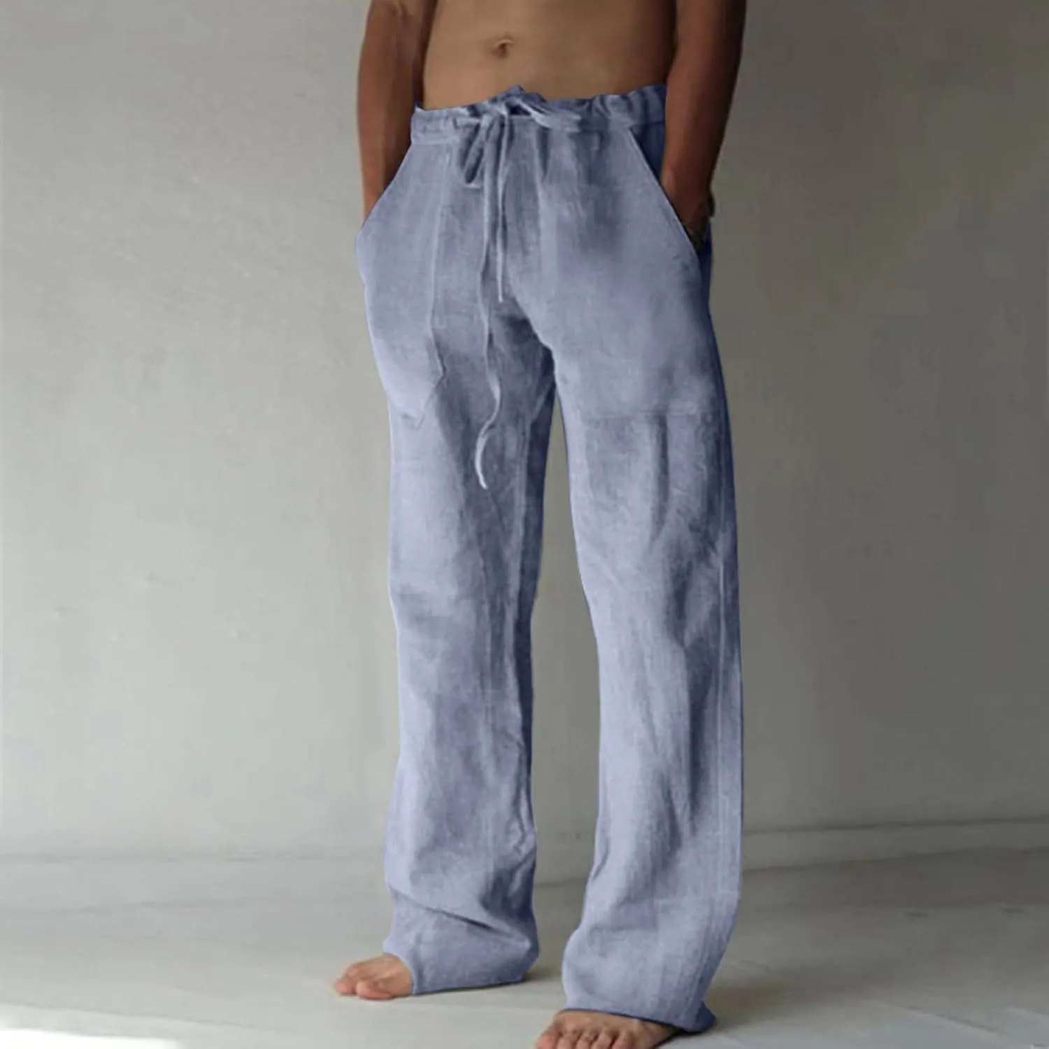 Mens Lightweight Pants Casual Stylish Cotton Linen Loose Trouser Summer Drawstring Elastic Waist Beach Sweatpants