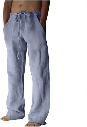 Mens Lightweight Pants Casual Stylish Cotton Linen Loose Trouser Summer Drawstring Elastic Waist Beach Sweatpants