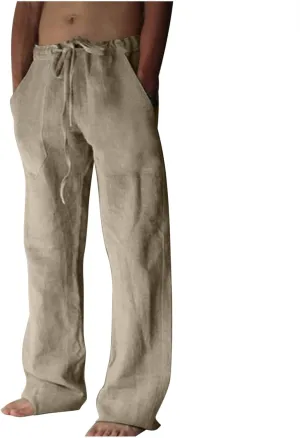 Mens Lightweight Pants Casual Stylish Cotton Linen Loose Trouser Summer Drawstring Elastic Waist Beach Sweatpants
