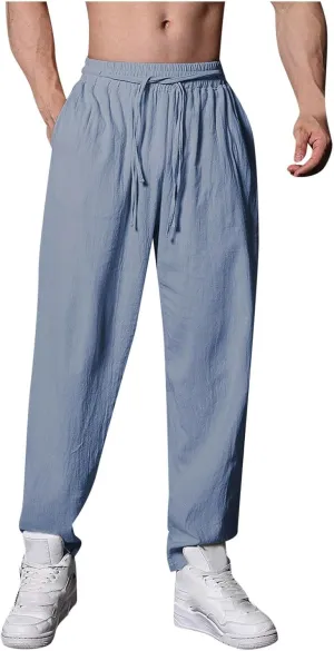 Mens Linen Beach Pants Summer Casual Solid Color Pants Elastic Waist Drawstring Loose Trousers with Pockets Quick Dry