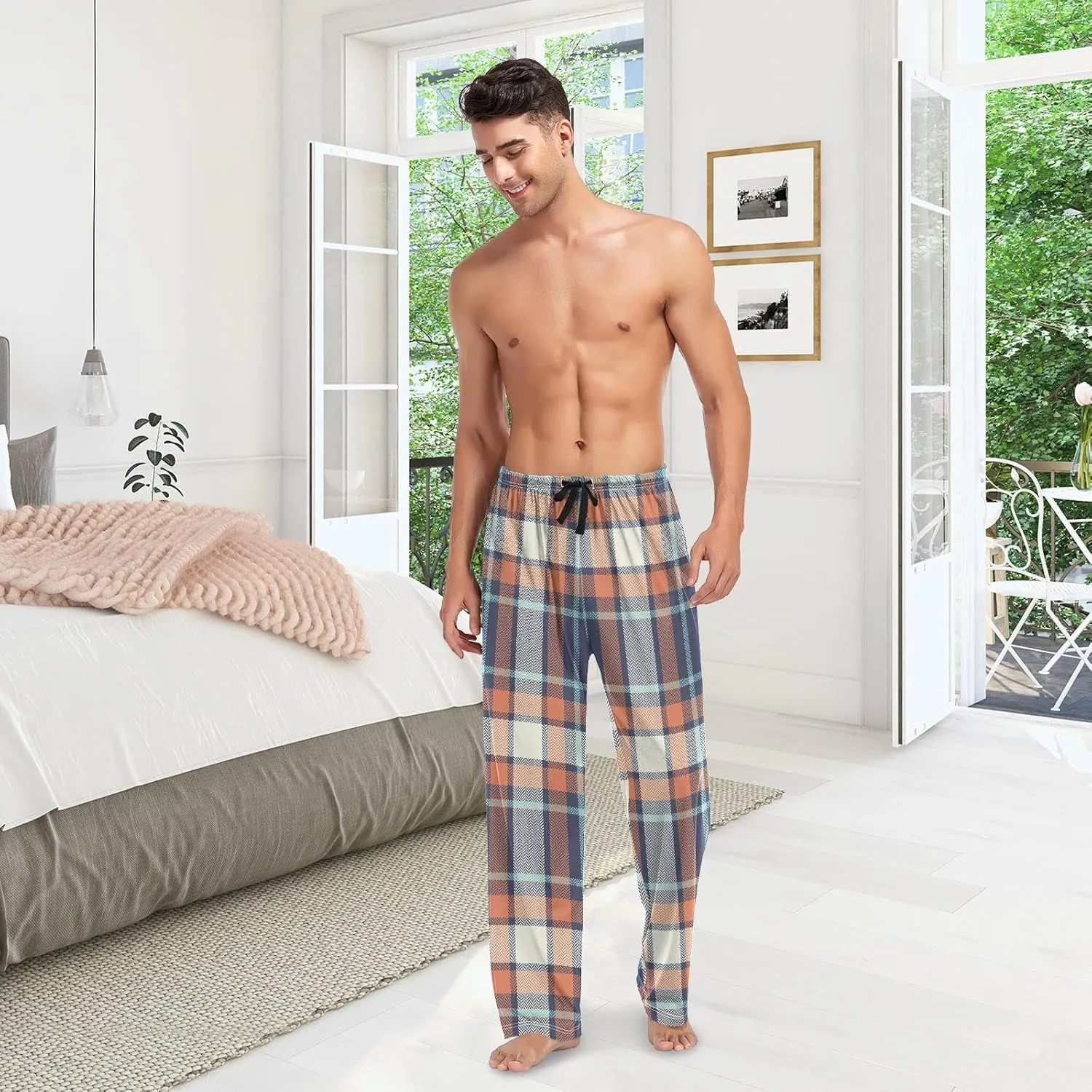 Mens Pajama Bottoms Blue Orange Classic Plaid Pajama Pants for Men Lounge Pants S