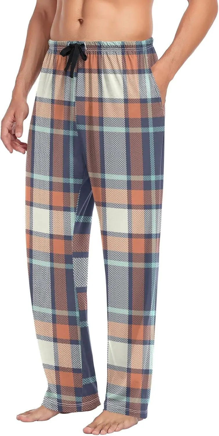 Mens Pajama Bottoms Blue Orange Classic Plaid Pajama Pants for Men Lounge Pants S