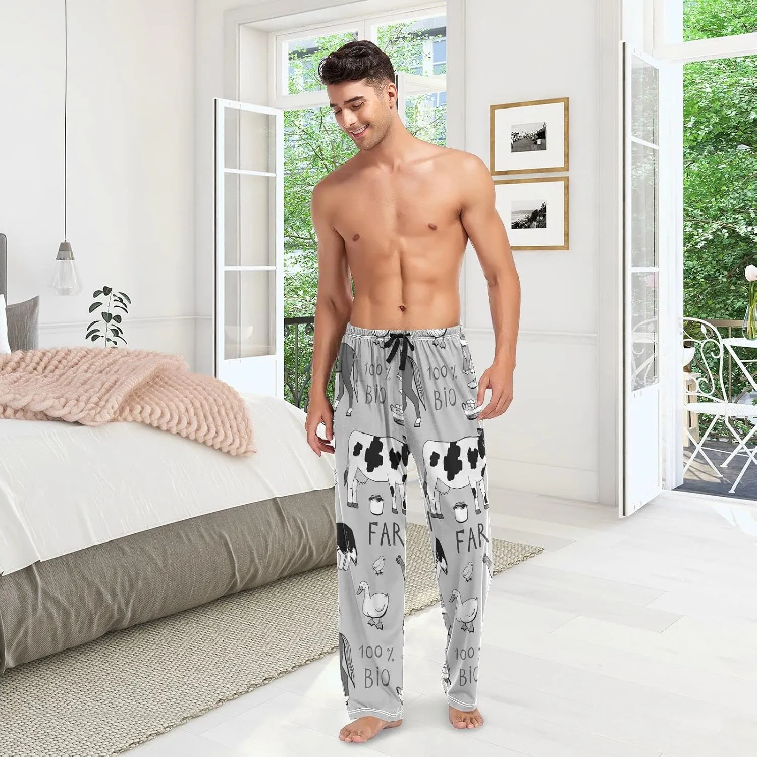 Men's Pajama Pants Straight Trouser Sleep Lounge Pants Sleepwear with Pockets