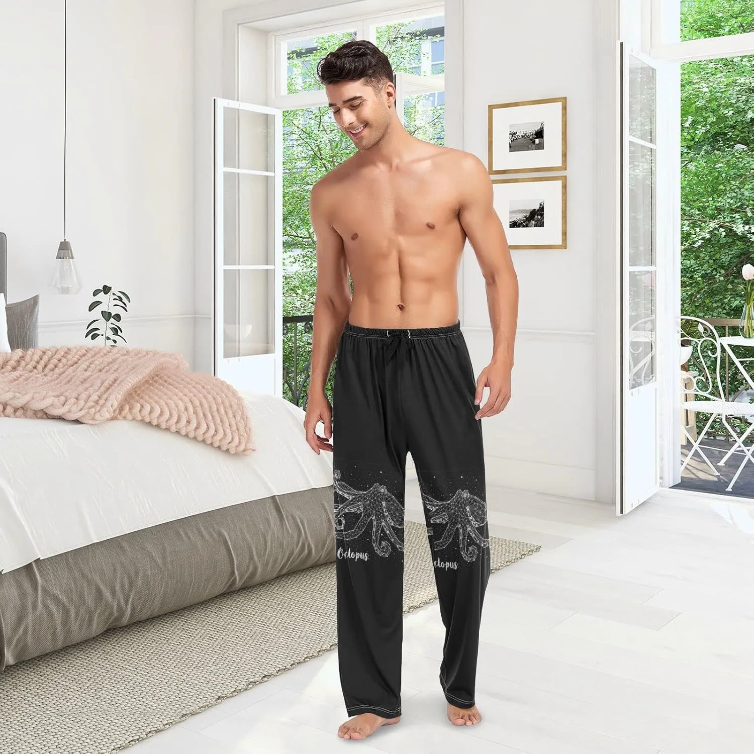 Men's Pajama Pants Straight Trouser Sleep Lounge Pants Sleepwear with Pockets