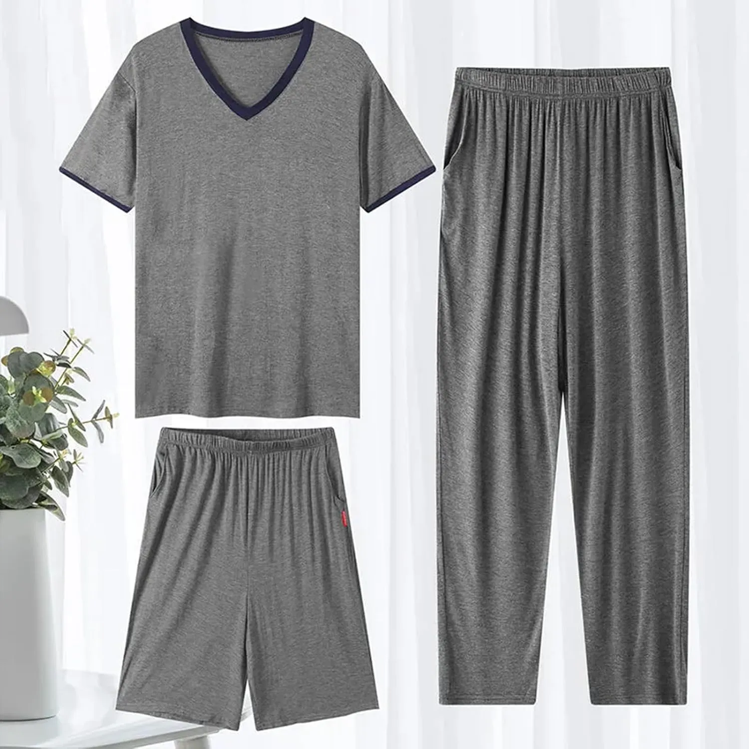 Men's Pajama Set 3 Pieces Lightweight Cozy Modal Lounge Sleep Set Bottoms Pants Shorts for Men with Pockets L-6XL