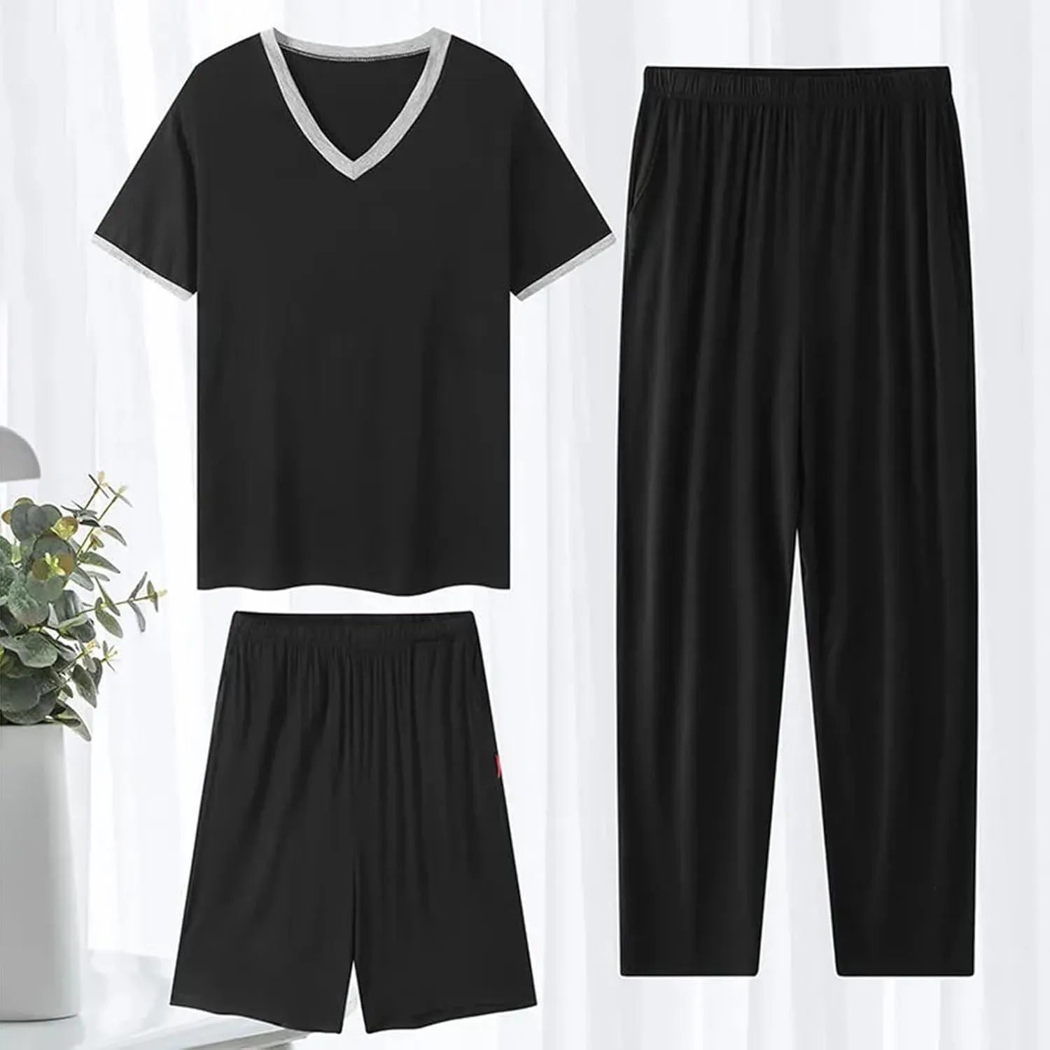 Men's Pajama Set 3 Pieces Lightweight Cozy Modal Lounge Sleep Set Bottoms Pants Shorts for Men with Pockets L-6XL