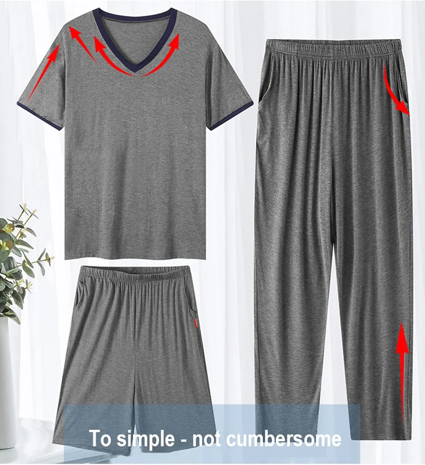Men's Pajama Set 3 Pieces Lightweight Cozy Modal Lounge Sleep Set Bottoms Pants Shorts for Men with Pockets L-6XL