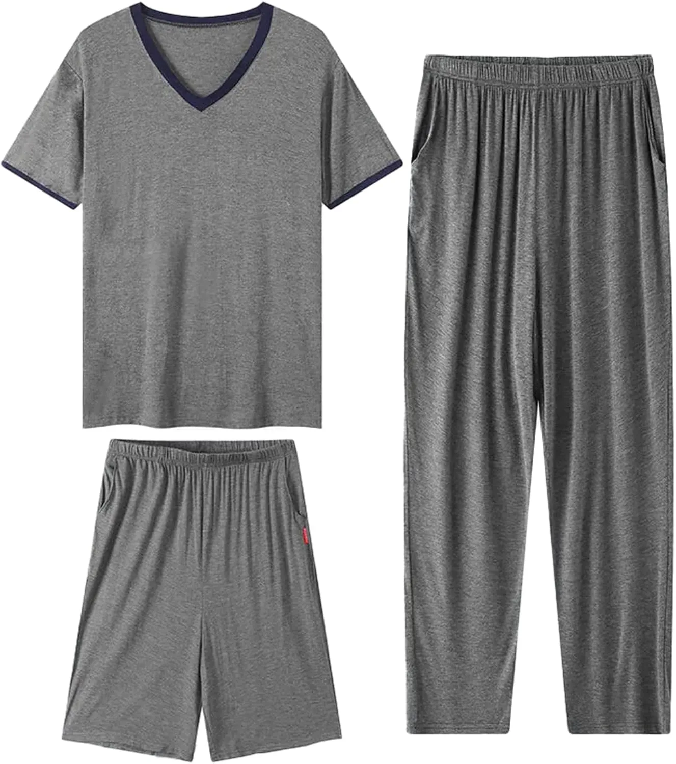 Men's Pajama Set 3 Pieces Lightweight Cozy Modal Lounge Sleep Set Bottoms Pants Shorts for Men with Pockets L-6XL