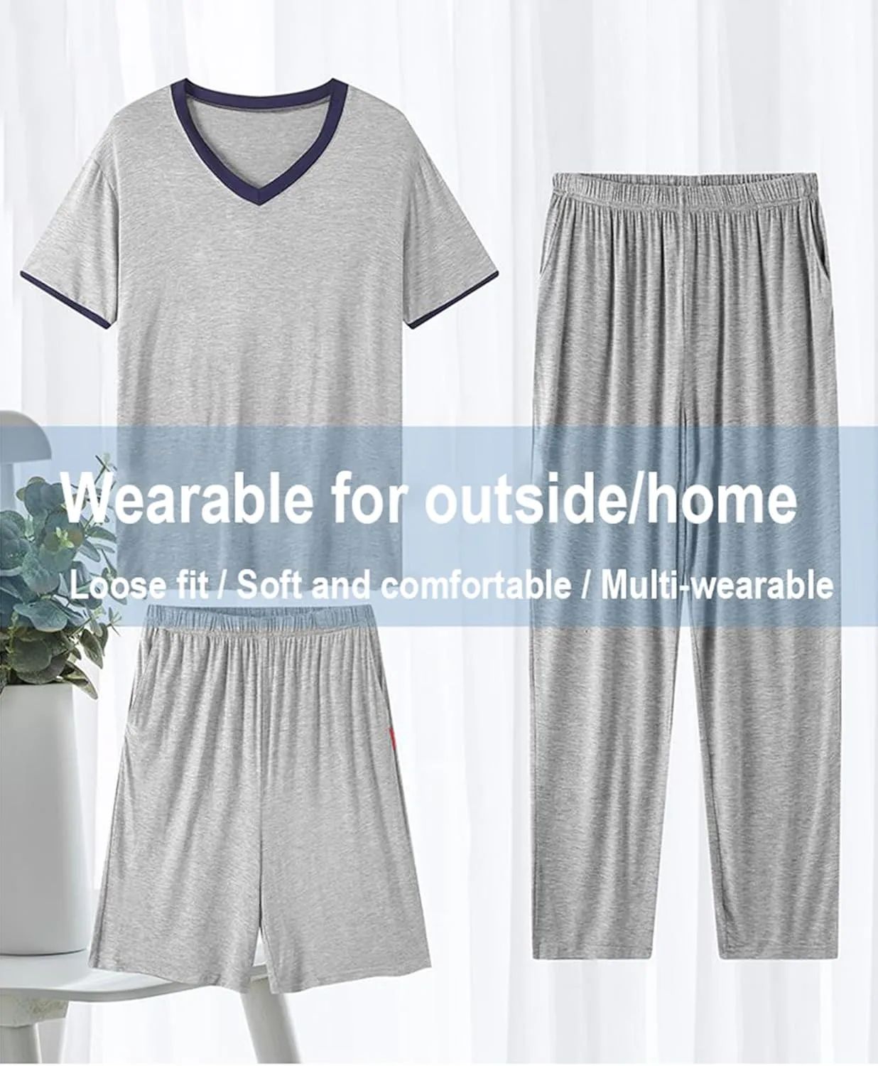 Men's Pajama Set 3 Pieces Lightweight Cozy Modal Lounge Sleep Set Bottoms Pants Shorts for Men with Pockets L-6XL