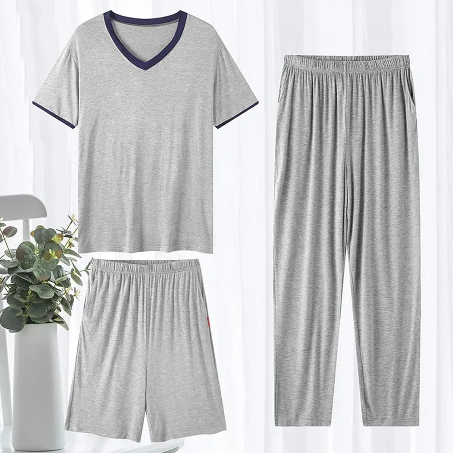 Men's Pajama Set 3 Pieces Lightweight Cozy Modal Lounge Sleep Set Bottoms Pants Shorts for Men with Pockets L-6XL