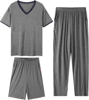 Men's Pajama Set 3 Pieces Lightweight Cozy Modal Lounge Sleep Set Bottoms Pants Shorts for Men with Pockets L-6XL