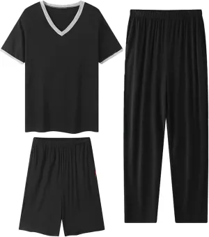Men's Pajama Set 3 Pieces Lightweight Cozy Modal Lounge Sleep Set Bottoms Pants Shorts for Men with Pockets L-6XL