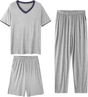 Men's Pajama Set 3 Pieces Lightweight Cozy Modal Lounge Sleep Set Bottoms Pants Shorts for Men with Pockets L-6XL