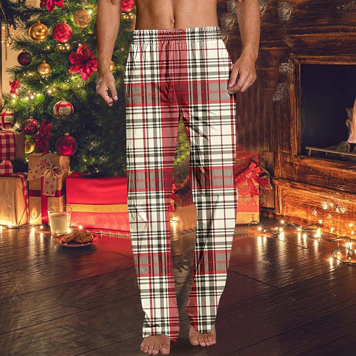 Men's Pajamas Pants Fashion Plaid Print Elastic Waist Loose Comfy Home Casual Sleepwear Sweatpant Trouser
