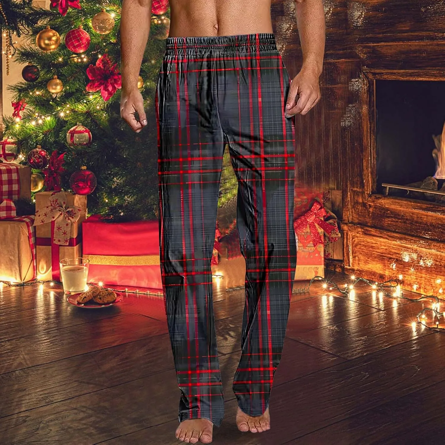 Men's Pajamas Pants Fashion Plaid Print Elastic Waist Loose Comfy Home Casual Sleepwear Sweatpant Trouser