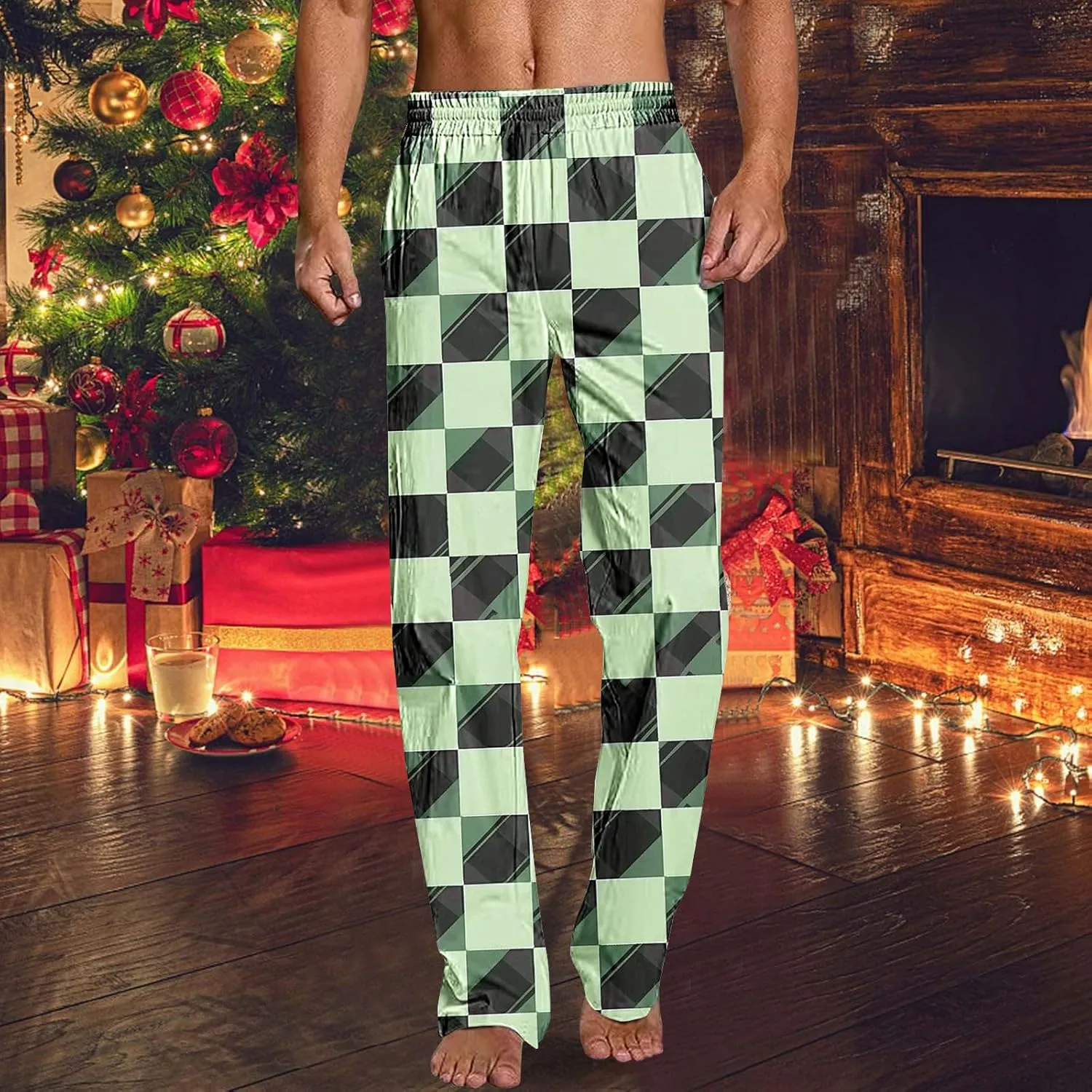 Men's Pajamas Pants Fashion Plaid Print Elastic Waist Loose Comfy Home Casual Sleepwear Sweatpant Trouser