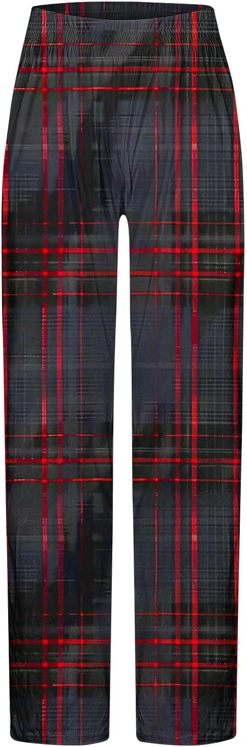 Men's Pajamas Pants Fashion Plaid Print Elastic Waist Loose Comfy Home Casual Sleepwear Sweatpant Trouser