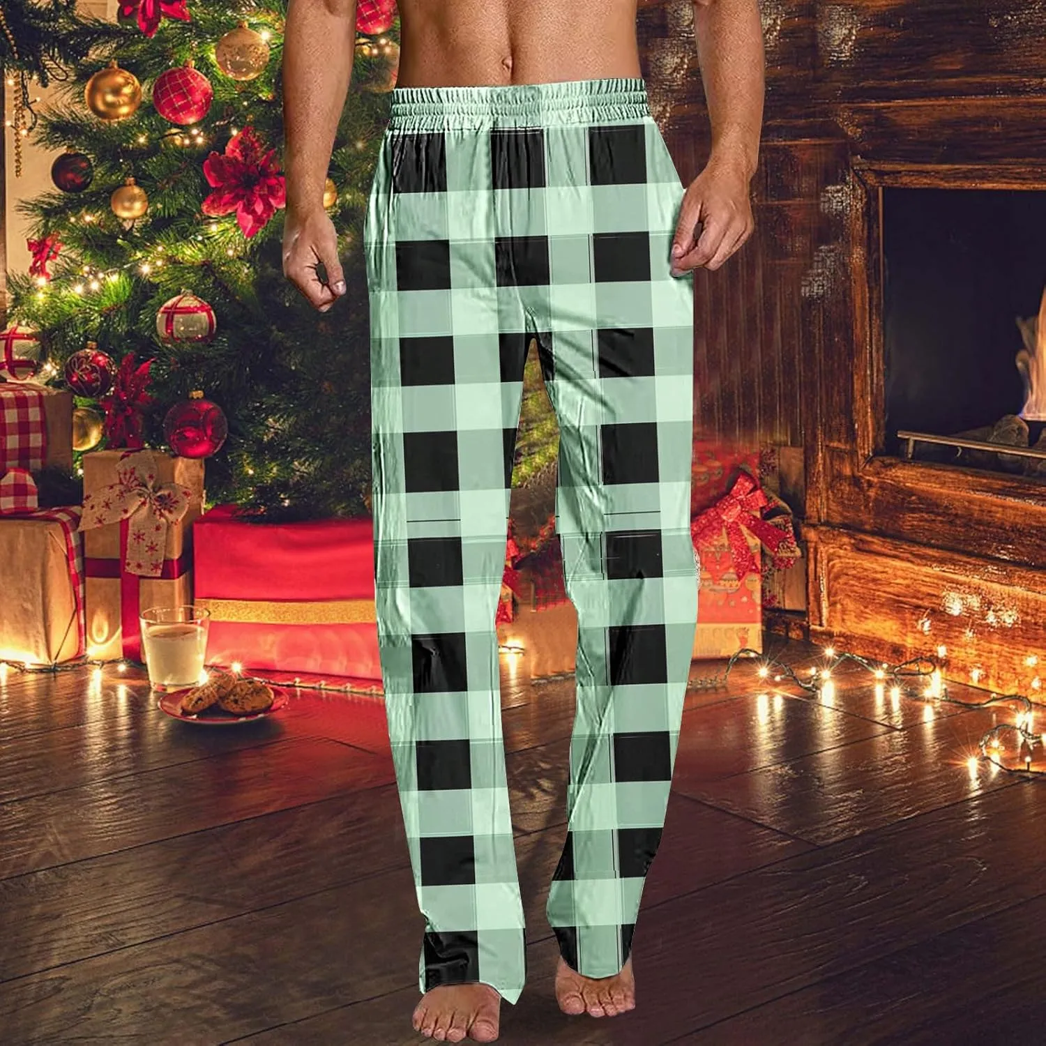 Men's Pajamas Pants Fashion Plaid Print Elastic Waist Loose Comfy Home Casual Sleepwear Sweatpant Trouser