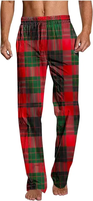 Men's Pajamas Pants Fashion Plaid Print Elastic Waist Loose Comfy Home Casual Sleepwear Sweatpant Trouser
