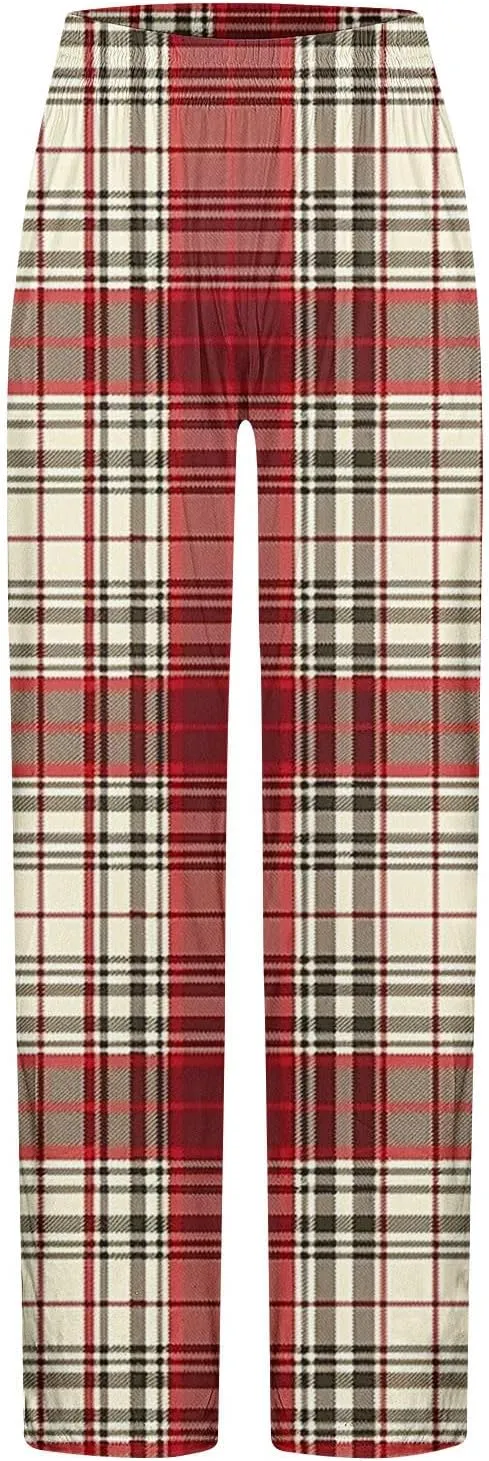 Men's Pajamas Pants Fashion Plaid Print Elastic Waist Loose Comfy Home Casual Sleepwear Sweatpant Trouser