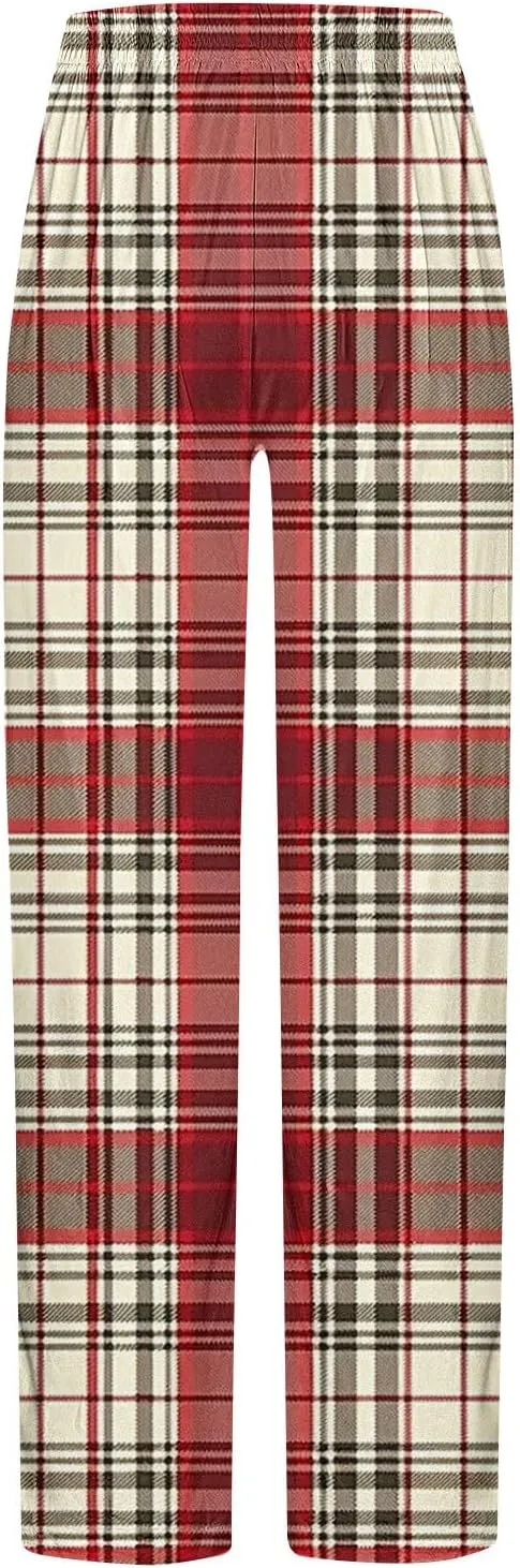 Men's Pajamas Pants Fashion Plaid Print Elastic Waist Loose Comfy Home Casual Sleepwear Sweatpant Trouser