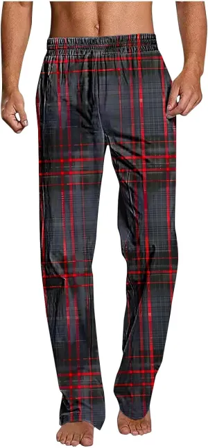 Men's Pajamas Pants Fashion Plaid Print Elastic Waist Loose Comfy Home Casual Sleepwear Sweatpant Trouser