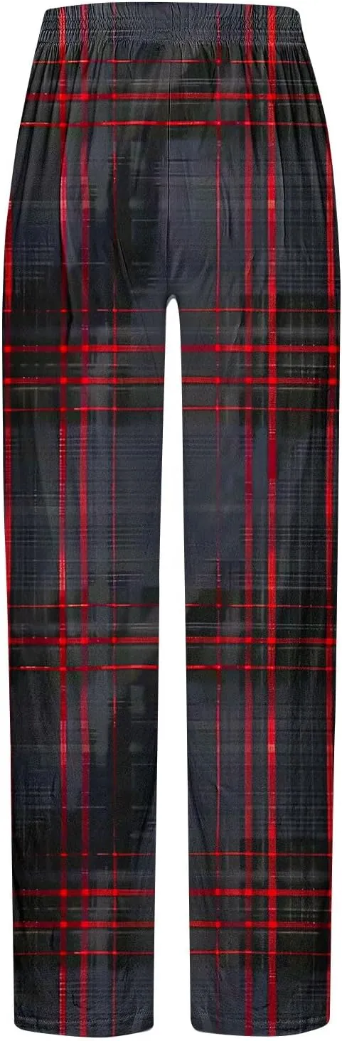 Men's Pajamas Pants Fashion Plaid Print Elastic Waist Loose Comfy Home Casual Sleepwear Sweatpant Trouser