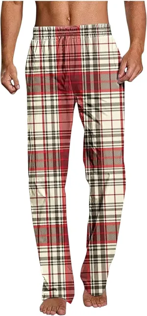 Men's Pajamas Pants Fashion Plaid Print Elastic Waist Loose Comfy Home Casual Sleepwear Sweatpant Trouser