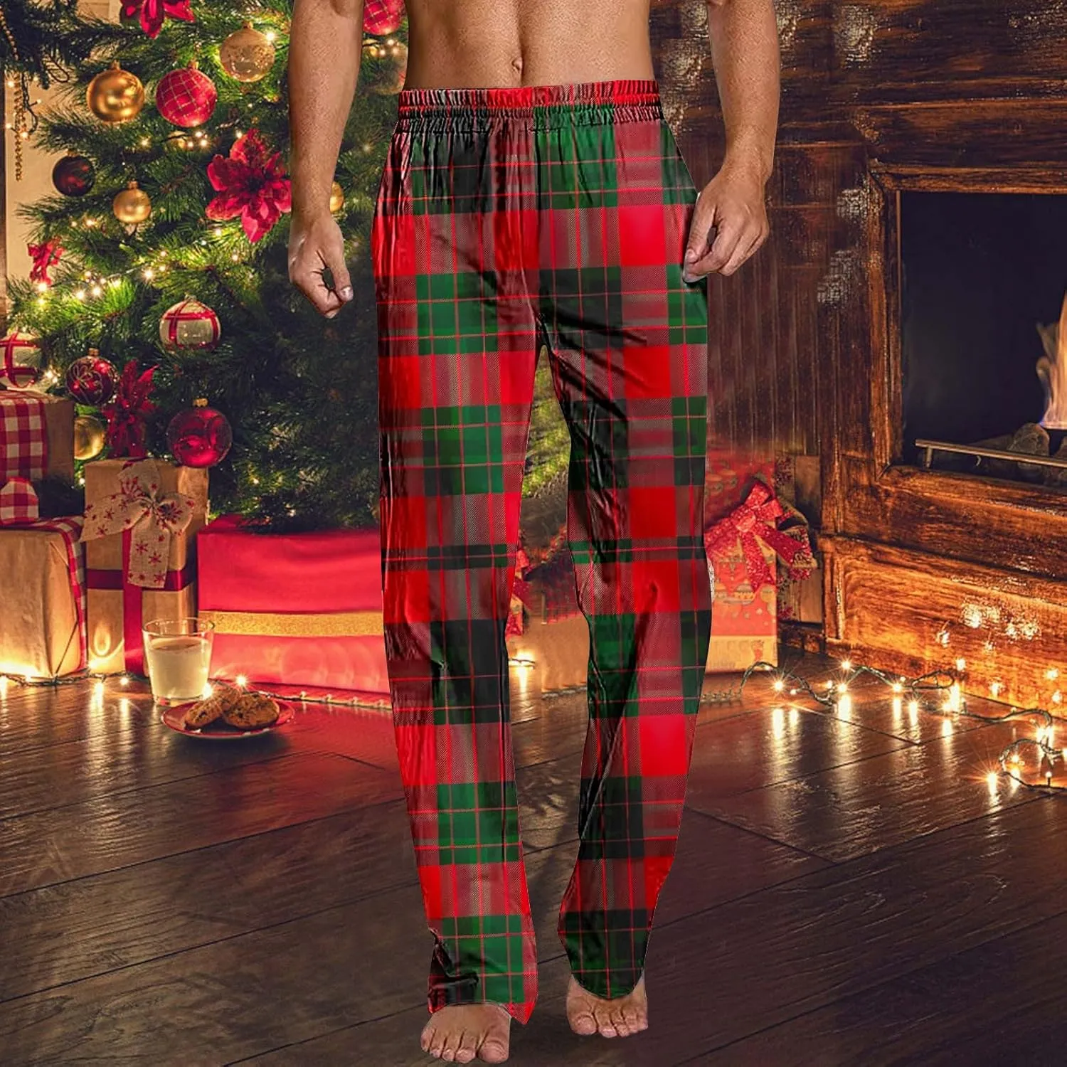 Men's Pajamas Pants Fashion Plaid Print Elastic Waist Loose Comfy Home Casual Sleepwear Sweatpant Trouser