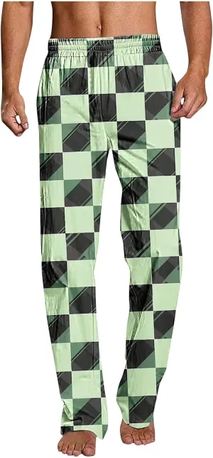Men's Pajamas Pants Fashion Plaid Print Elastic Waist Loose Comfy Home Casual Sleepwear Sweatpant Trouser